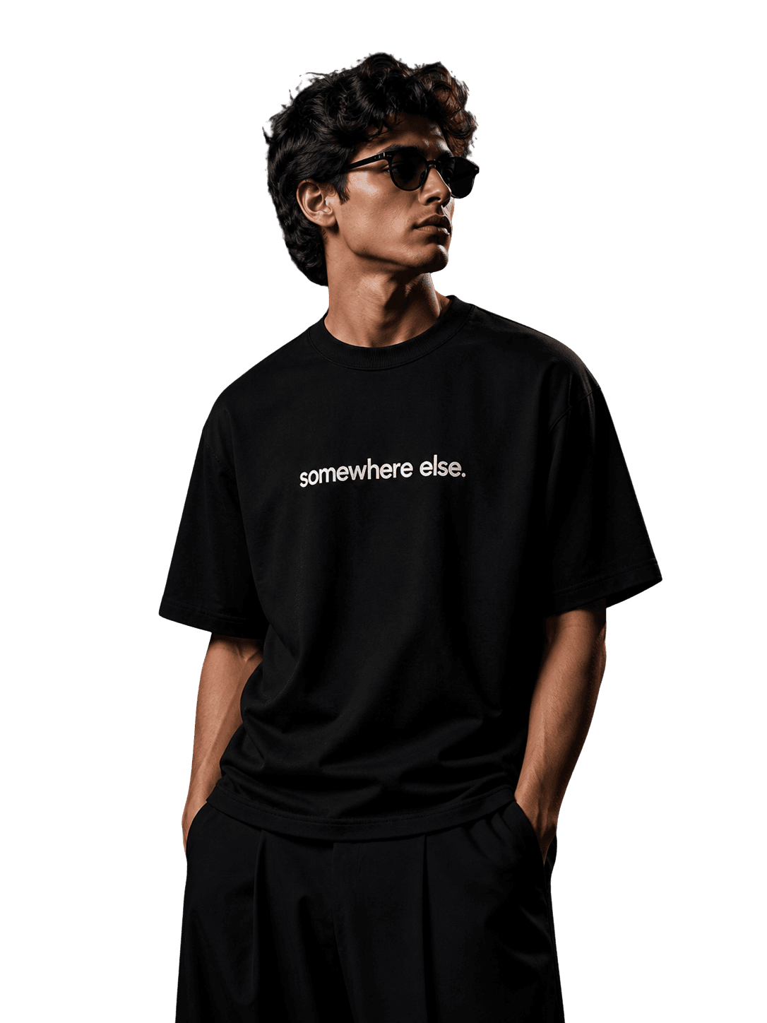 Model wearing black THREEFOLD t-shirt with somewhere else front print
